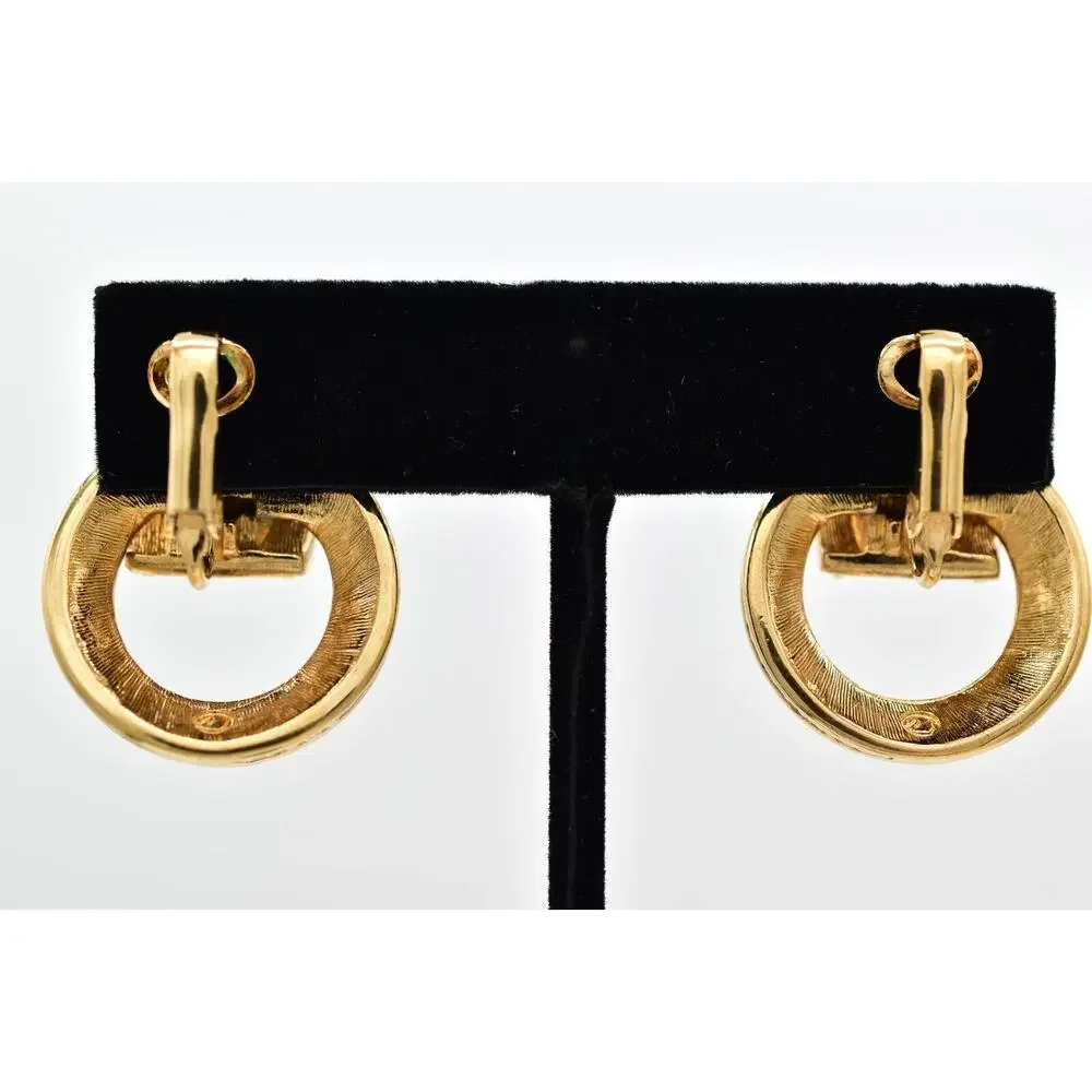 Swarovski Vintage Crystal Clip On Earrings Black Dangle Gold Swan Signed BinBK